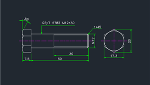 CAD机械图纸标准件螺栓-六角头螺栓（M12×50）